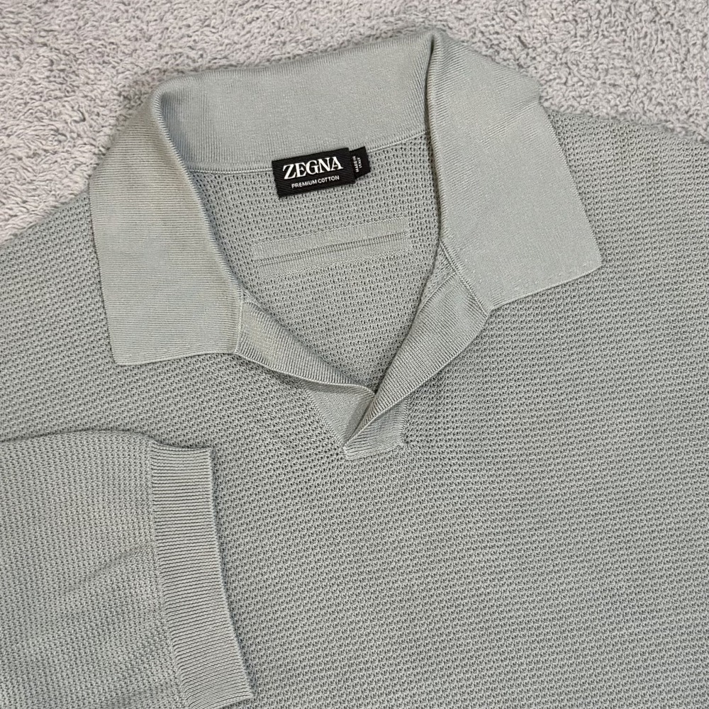 Zegna Premium Men's 50R Cotton Waffle Knit Polo Shirt Powder Blue